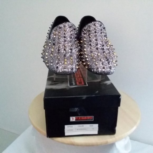 $170  Mens Loafer DRESS Shoes Spikes Glitter Black Gold Slip On Size 10 Fiesso main image 6